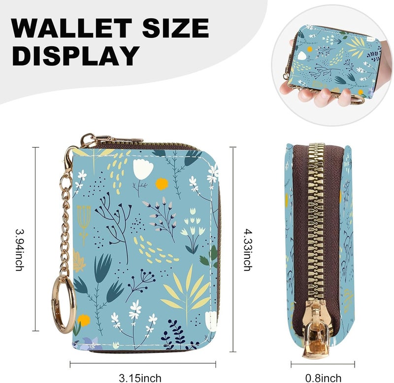 Luoycxy Credit Card Holder for Women,Small Rfid Wallet with Keychain Zipper,Cute PU Leather Card Case Wallet，Accordion Credit Card Wallets Gift,Blue Grass White Flowers - Image 4